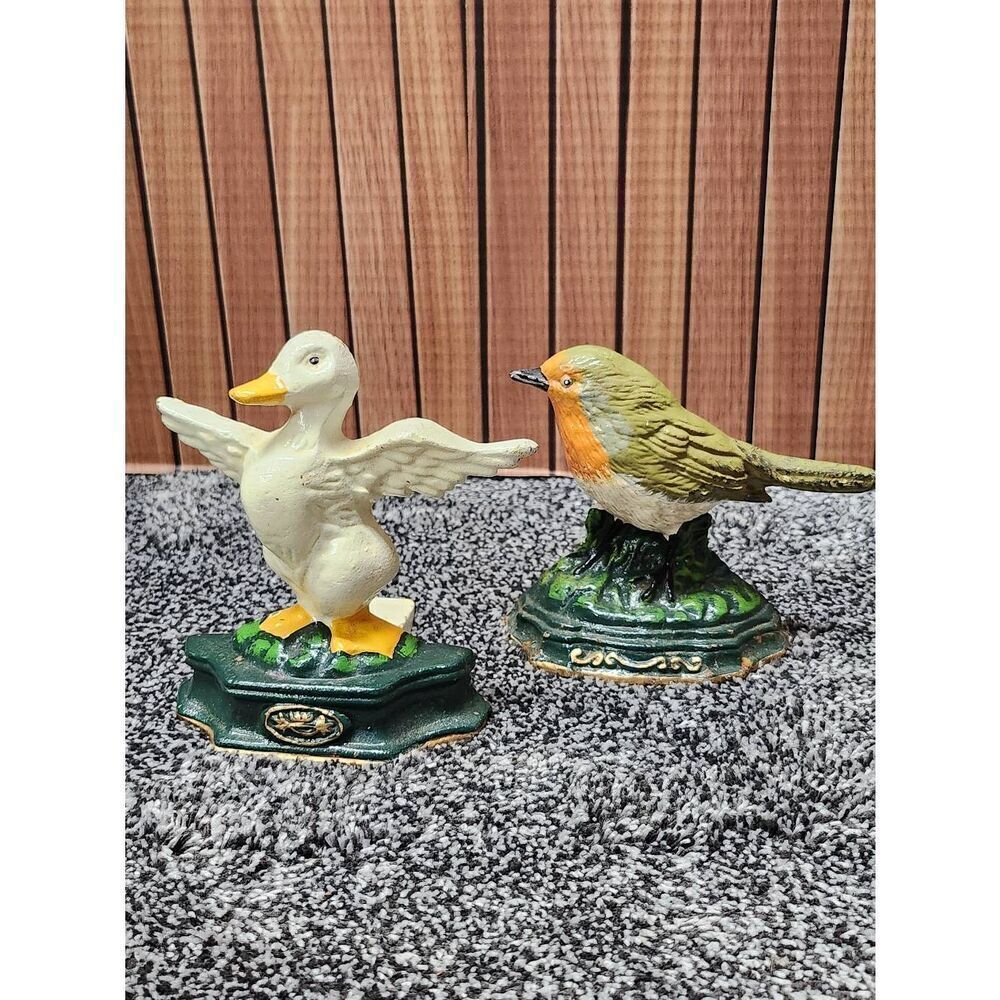Vintage Cast Iron White Goose and Robin Bird Wedge Door Stopper